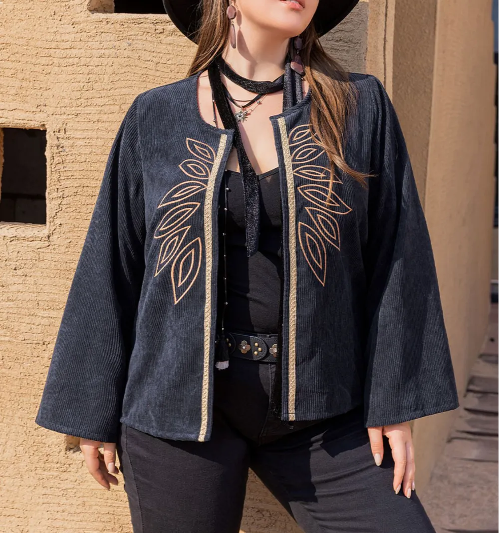 Plus Size Embroidered Open Front