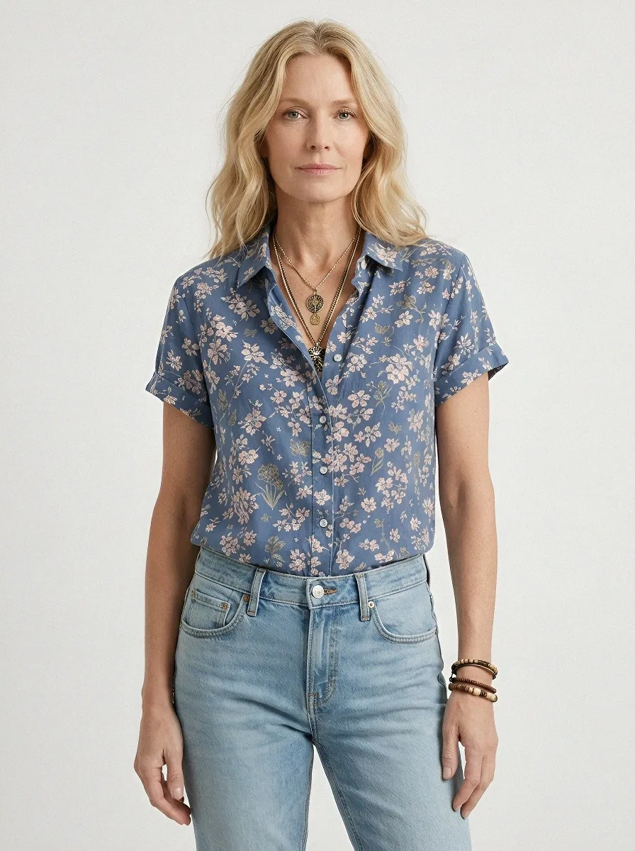 Women's Floral Butterfly Nature Printed Short Sleeve Button Shirt