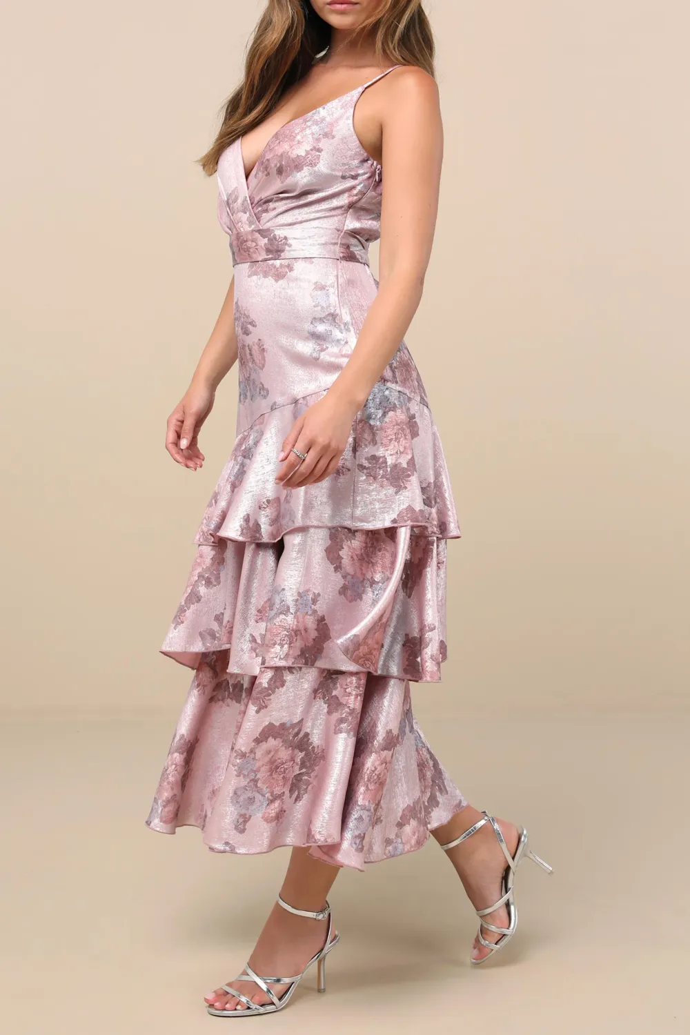 Floral Satin Surplice Tiered Midi Dress