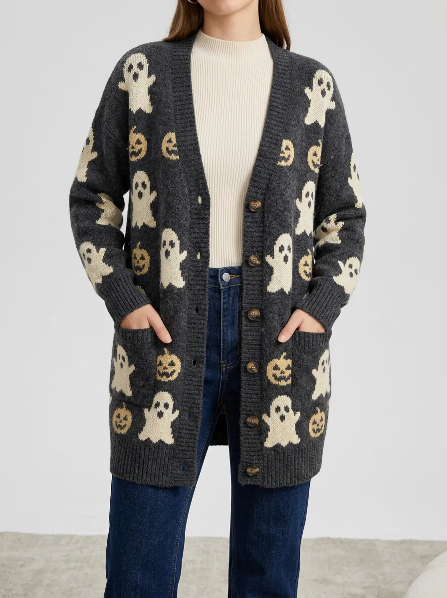Women's Halloween Ghost Pumpkin Pattern Knitted Cardigan