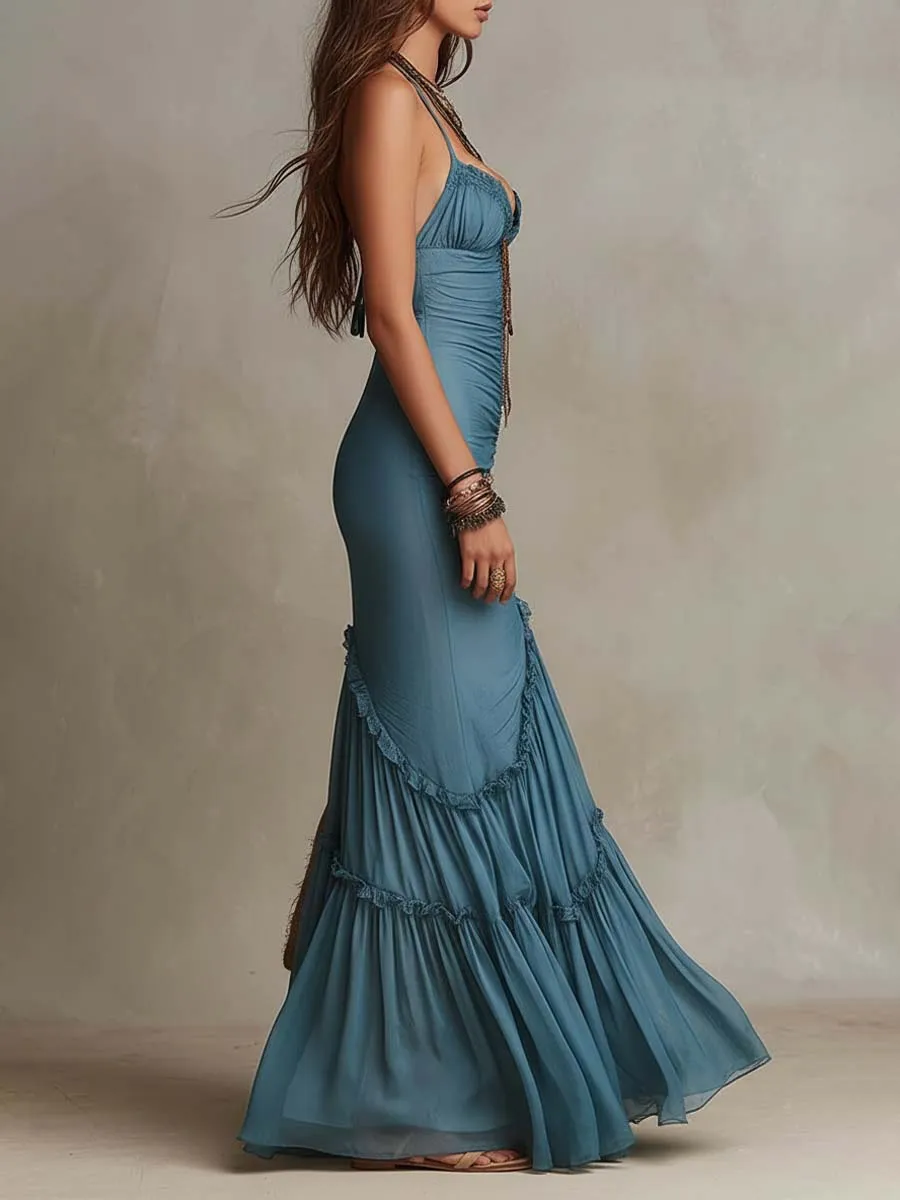 Bohemian Chiffon Spaghetti Strap Ruched Mermaid Maxi Dress