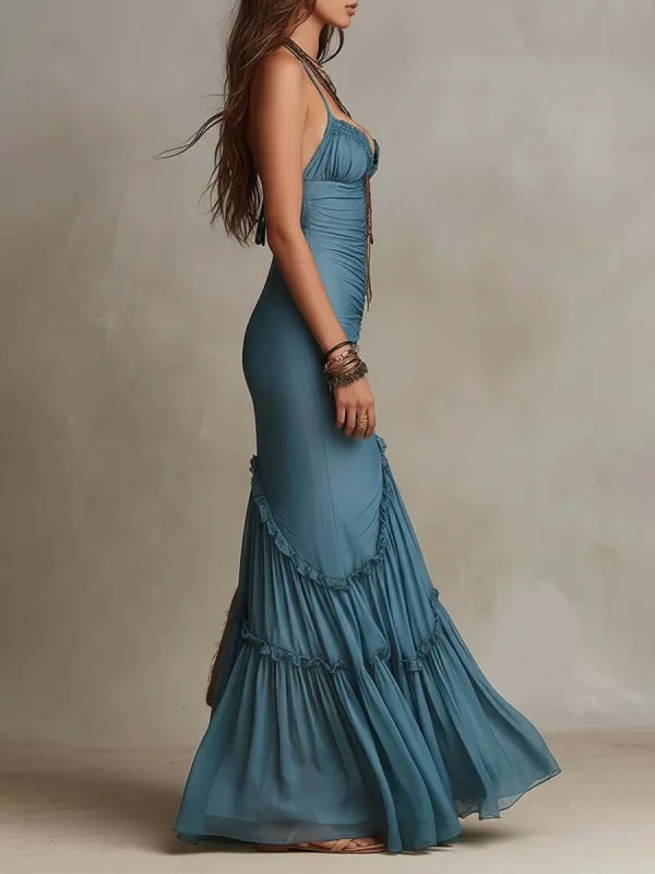 Bohemian Chiffon Spaghetti Strap Ruched Mermaid Maxi Dress