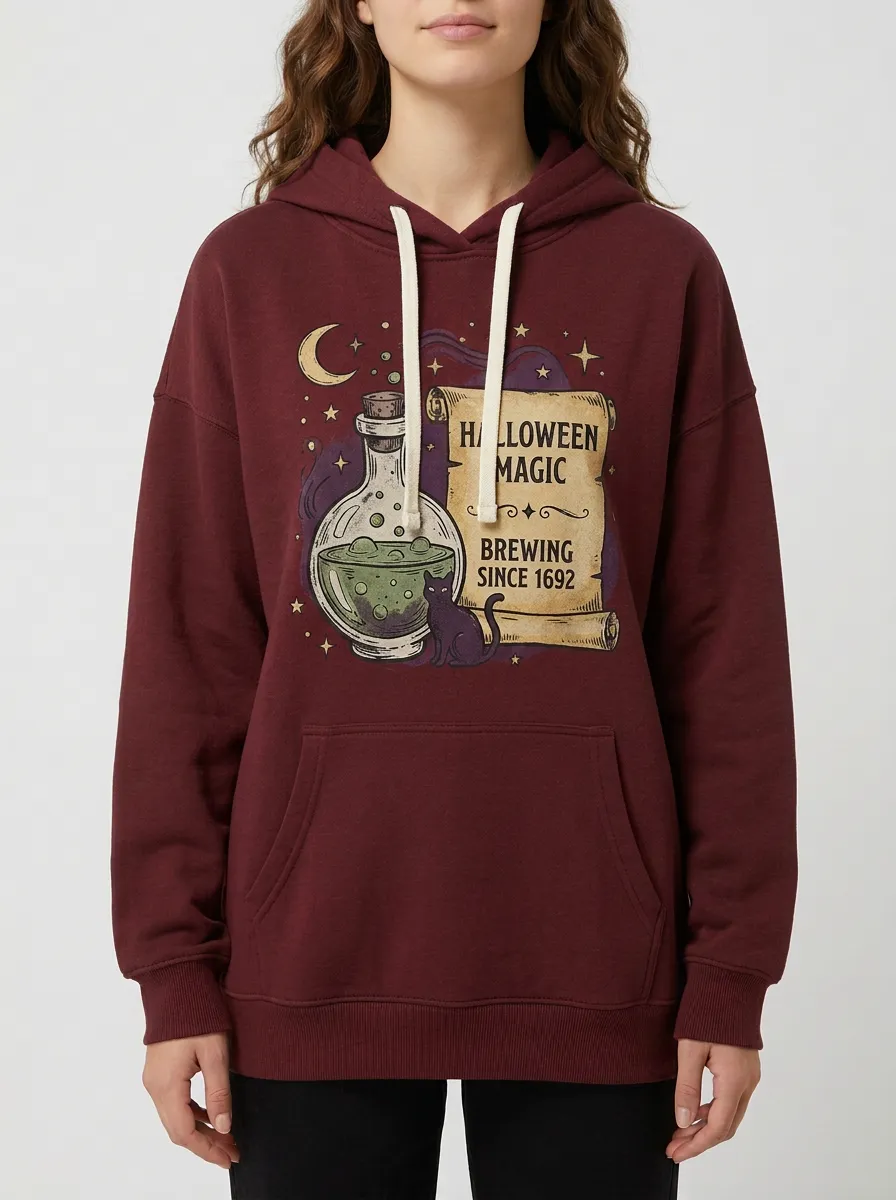 Women's Halloween Magic Potion Cat Scroll Printed Hoodie