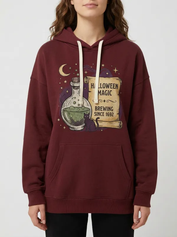 Women's Halloween Magic Potion Cat Scroll Printed Hoodie