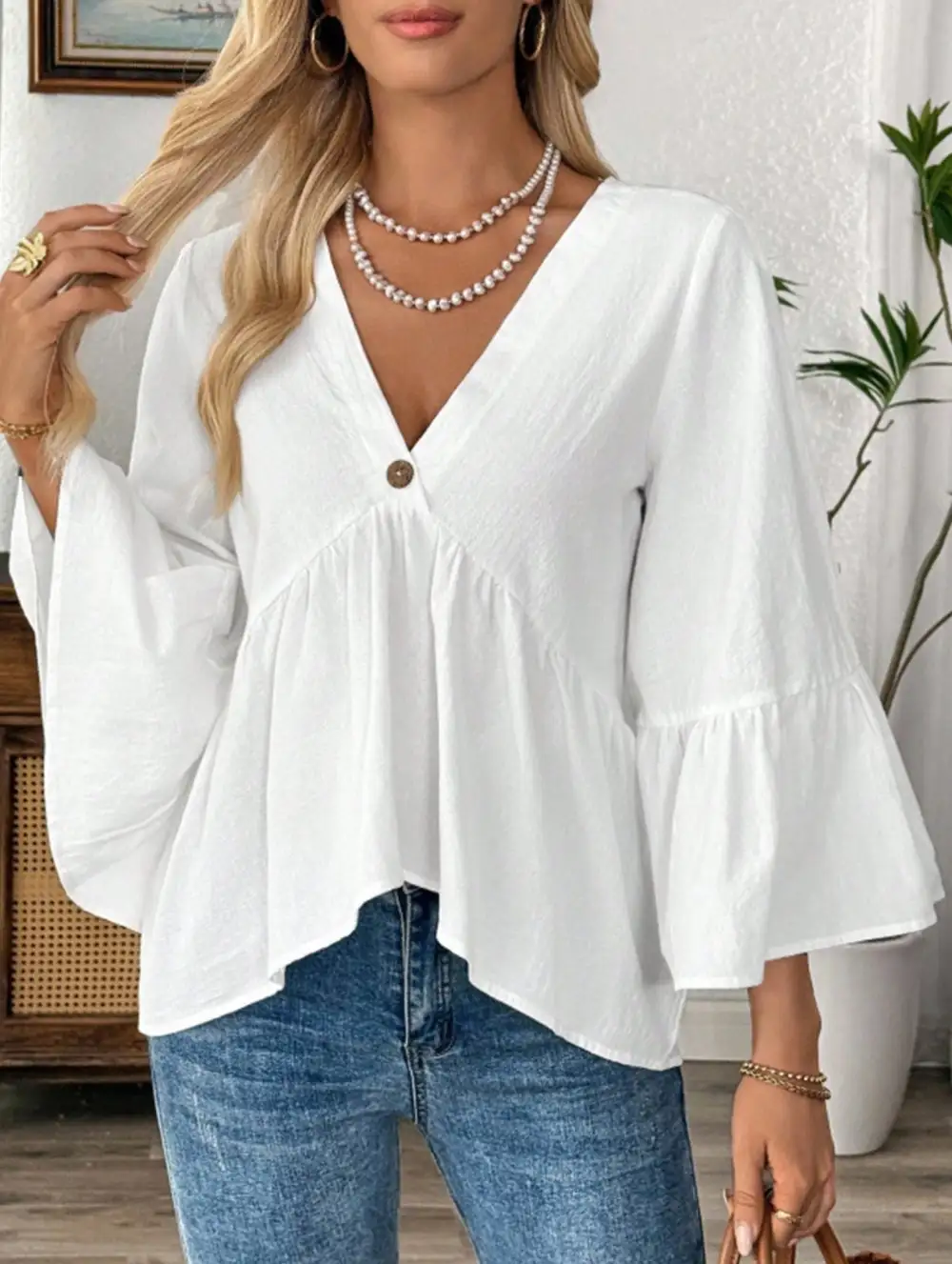 V Neck Ruffle Sleeve Cotton Blouse