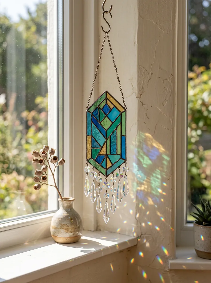 Geometric Stained Glass Crystal Suncatcher Hanging Ornament