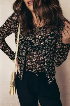 Button-Front Slim Floral-Print Cardigan Two-Piece Set