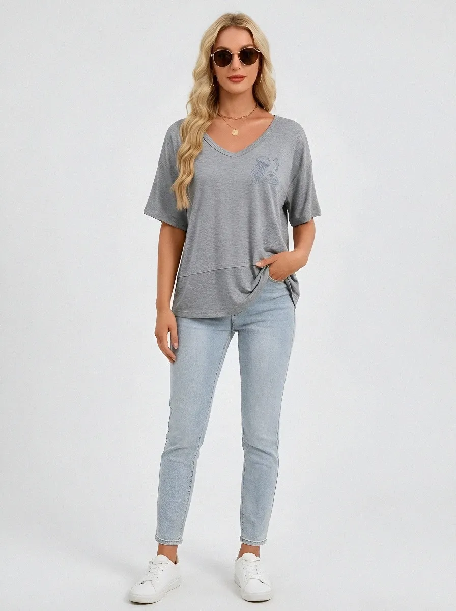 Women's Ocean Lover Jellyfish Seahorse Wave Printed V-neck Top