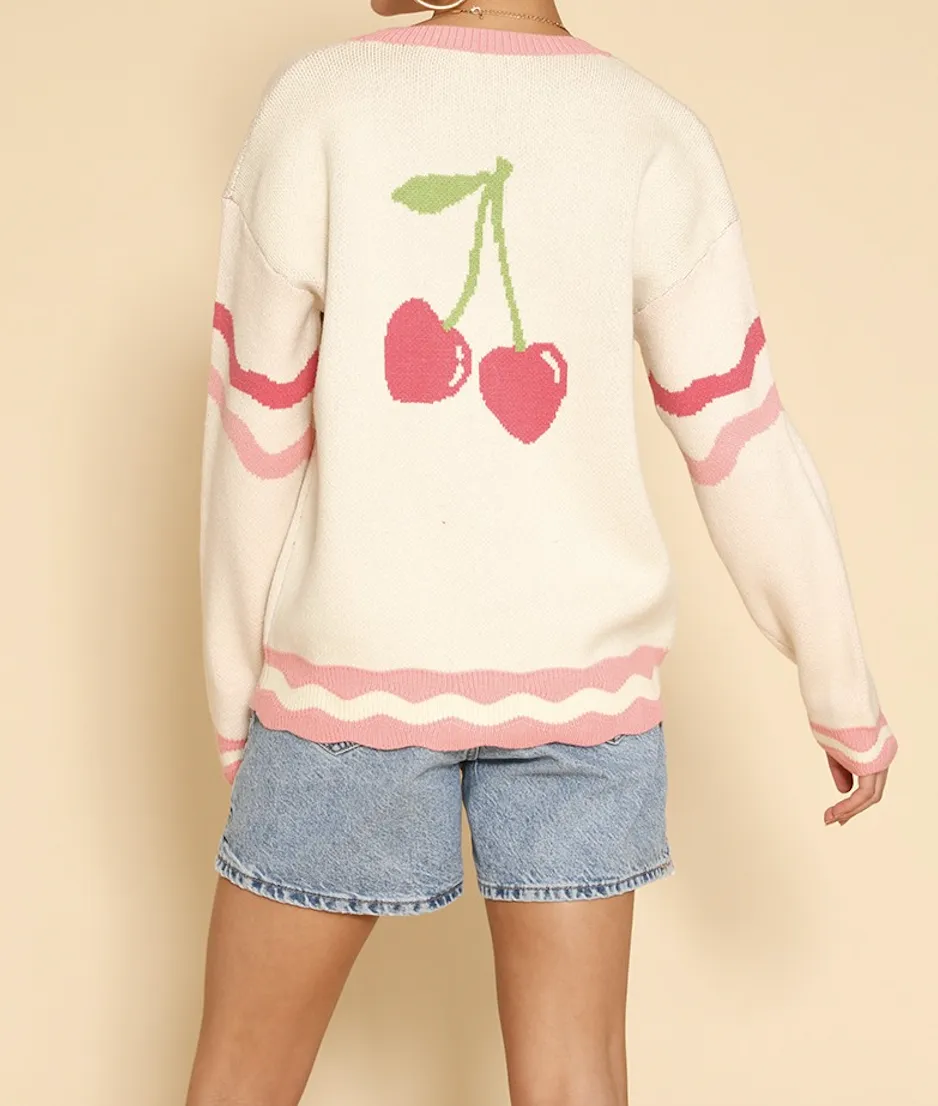 Cherry Print Soft Knit V-Neck Cardigan