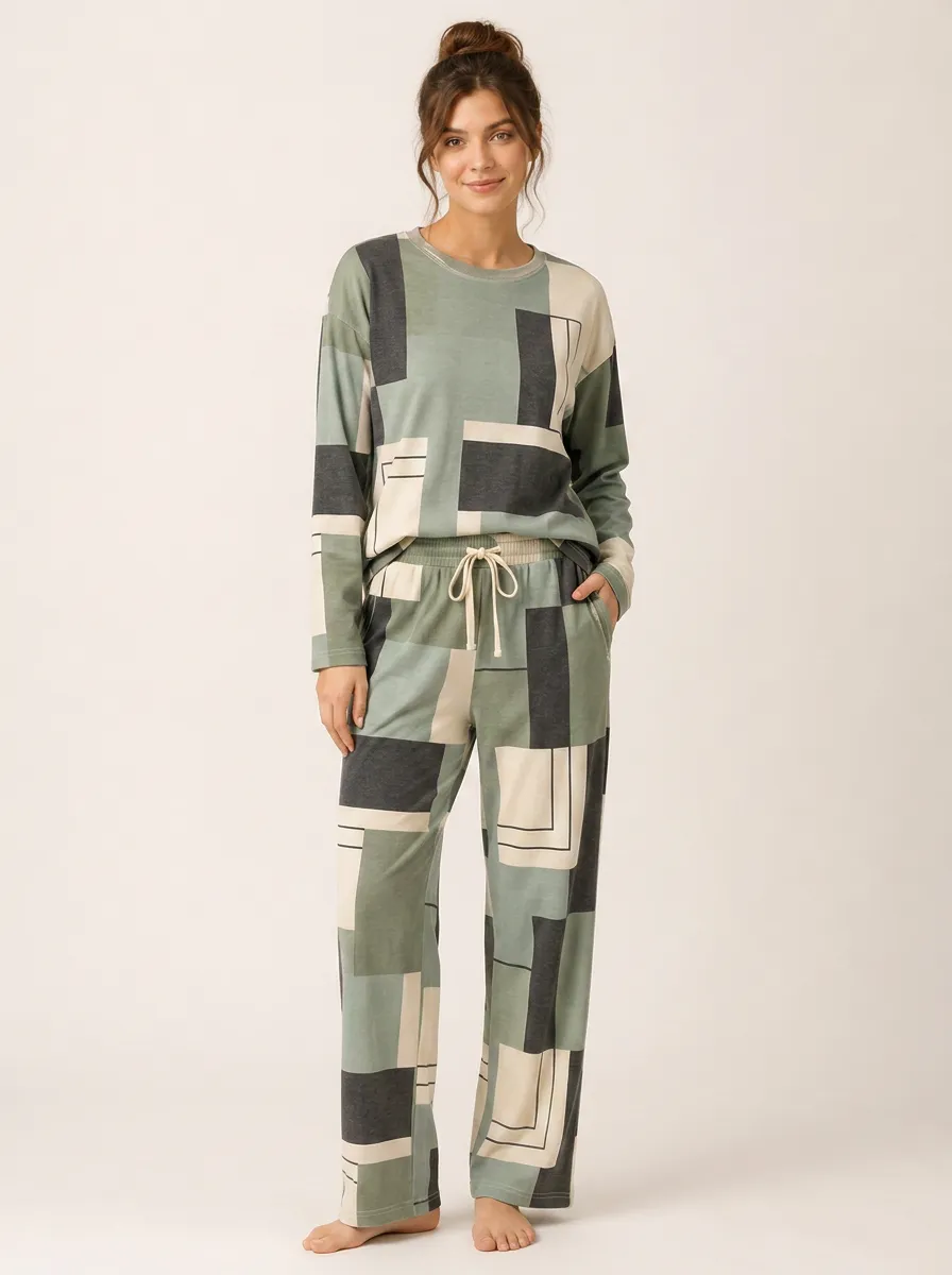 Women's Geometric Colorblock Printed Lounge Set