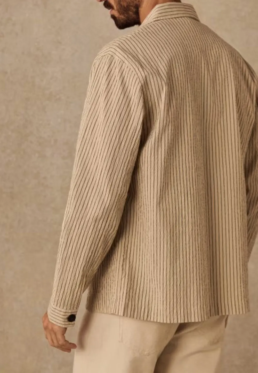 Beige Green Stripe Seersucker Casual Chore Jacket