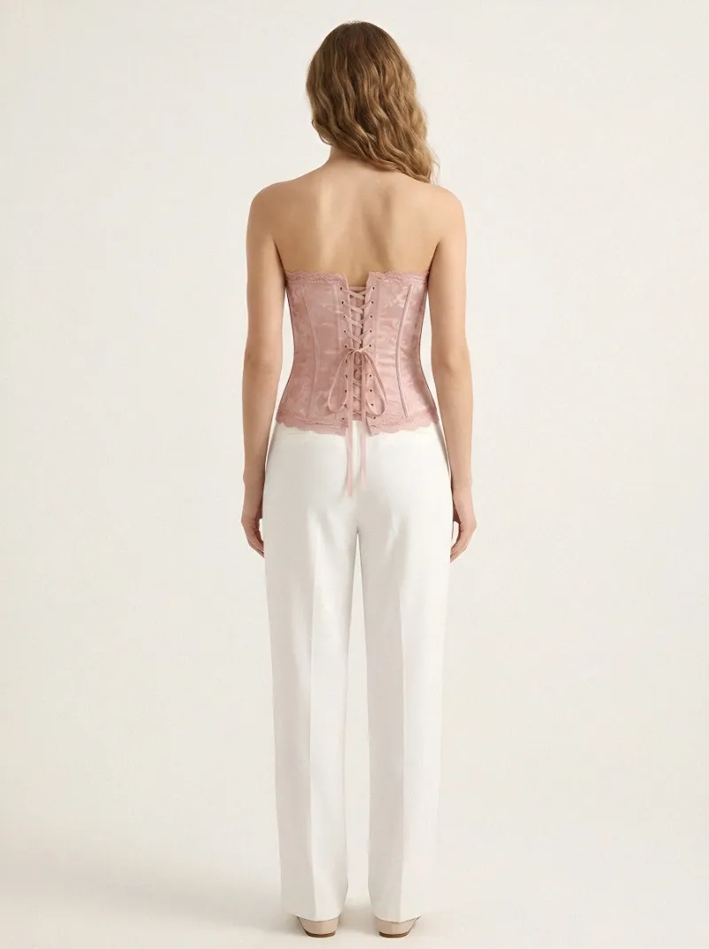 Floral Lace-Up Satin-Look Vintage-Inspired Women's Corset Top