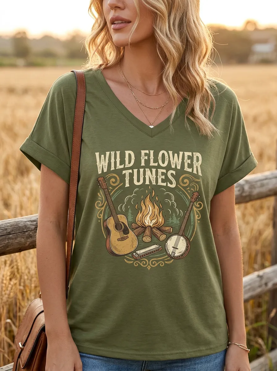 Country Music Guitar Banjo Campfire V-Neck T-Shirt