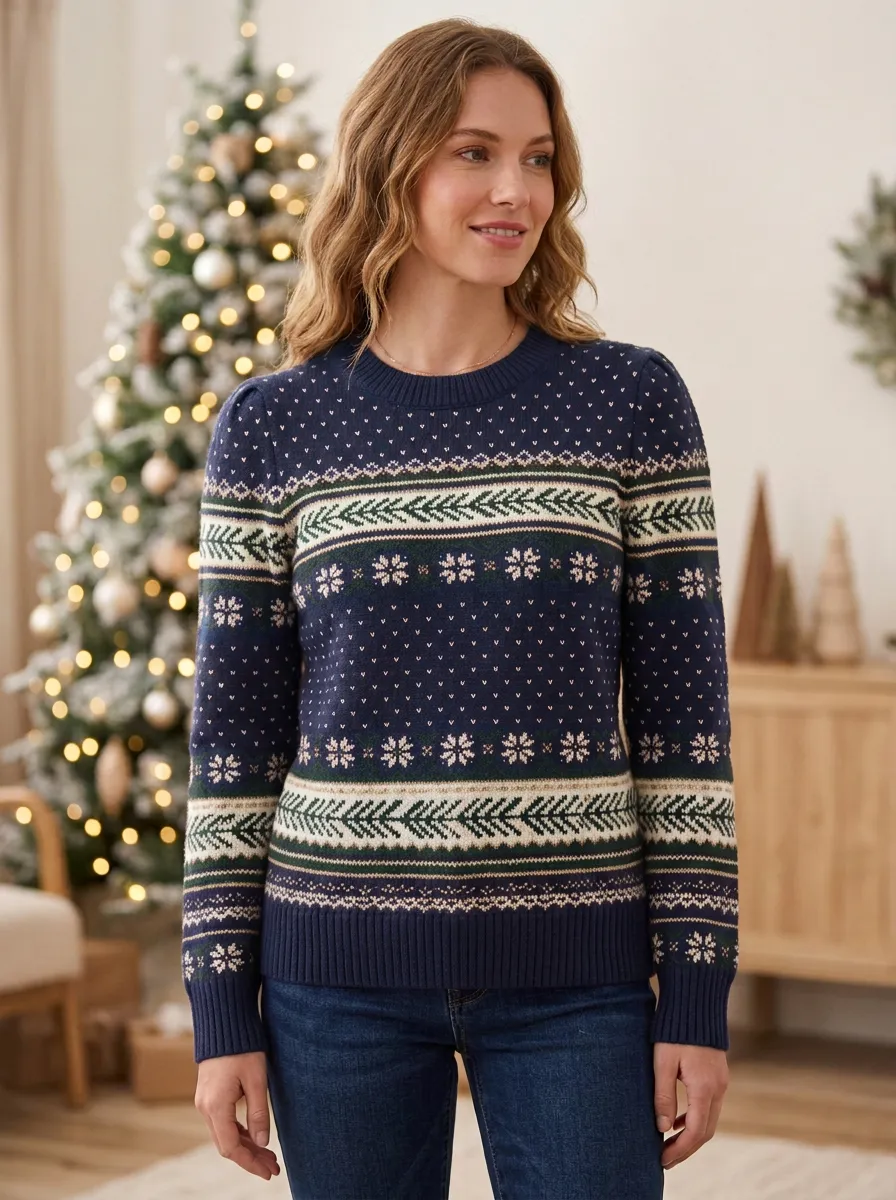 Christmas Holiday Snowflake Fair Isle Print Sweater