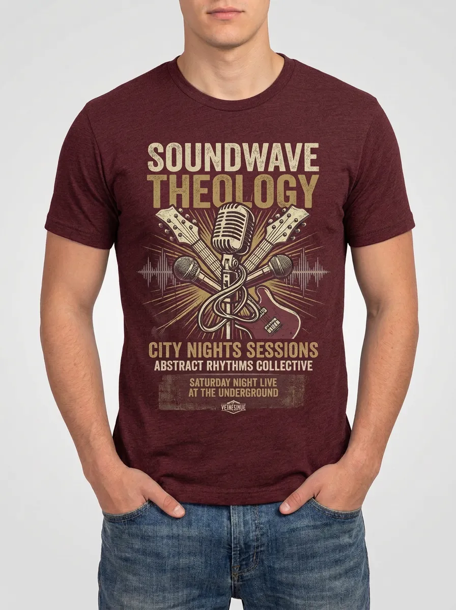 Men's Music Lover Vintage Guitar Microphone Soundwave Printed T-shirt
