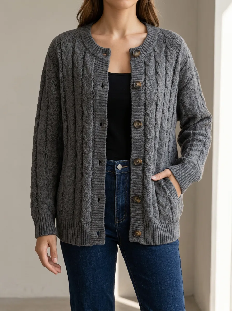 Women's Refined Layered Cable Knit Button Front Crew Neck Cardigan