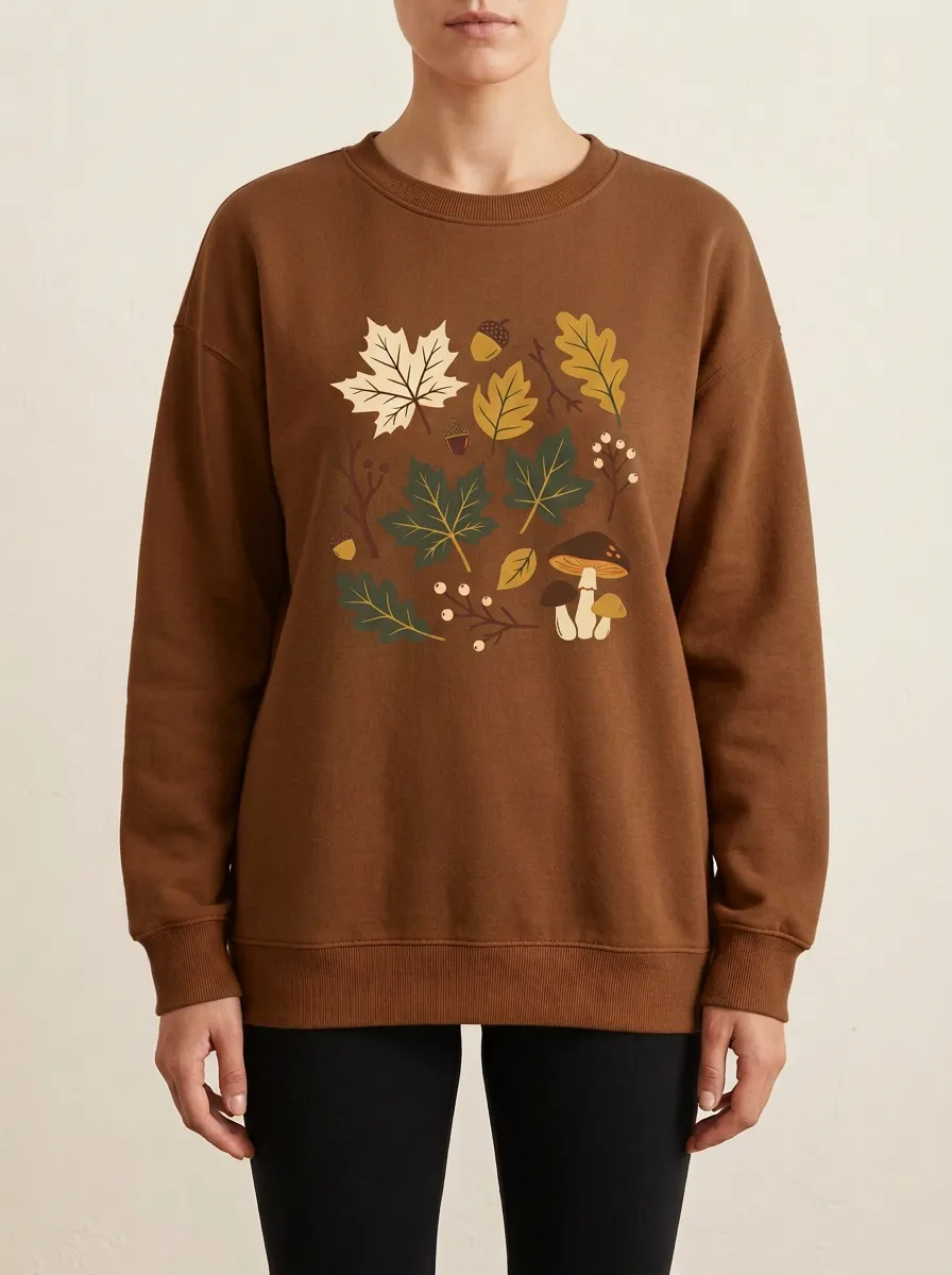 Relaxed Maple-Leaf Printed Mushroom Graphic Sweatshirt