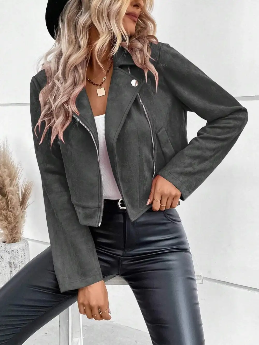 Zip Up Suede Cropped Moto Jacket
