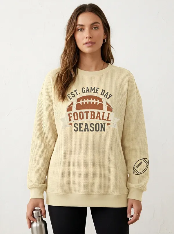 Women's Football Fan Game Day Season Printed Waffle Sweatshirt