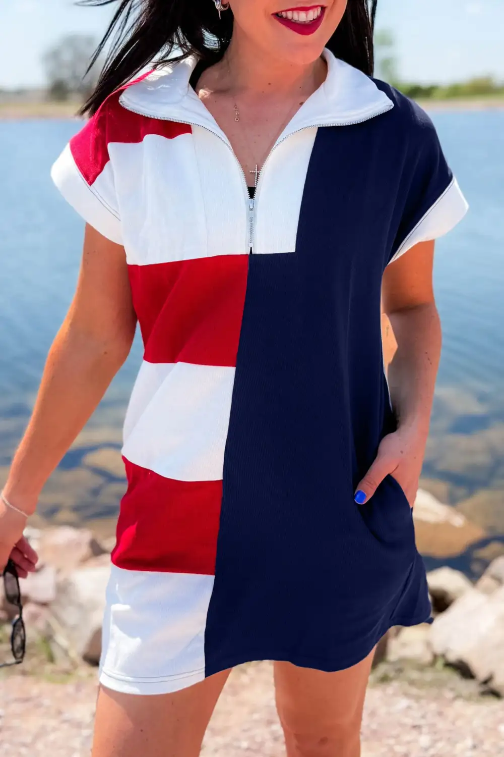 Striped Zip Front Collared Mini Dress