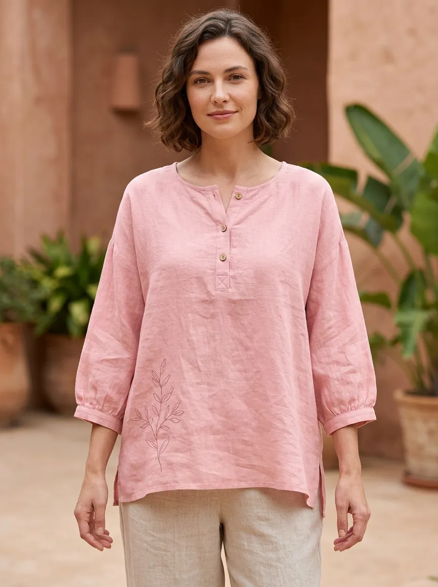 Women's Botanical Lover Pink Leaf Embroidered Printed Cotton And Linen Top