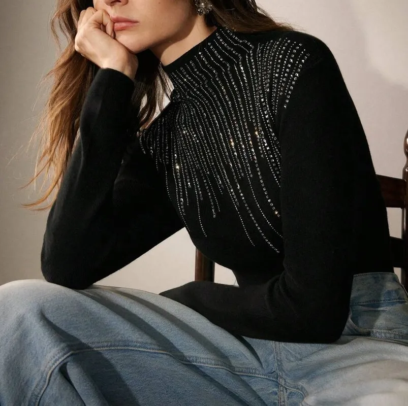 Black Long Sleeve Mesh Detail Shimmer Top