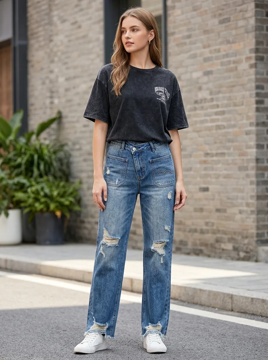 Women's Casual Fashion Distressed Asymmetric Waist Denim Pants
