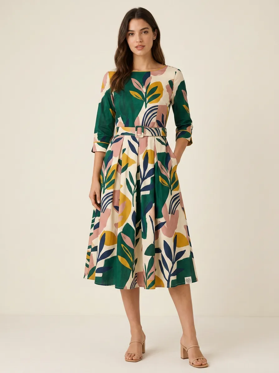 Women's Botanical Art Abstract Leaf Printed Midi Dress