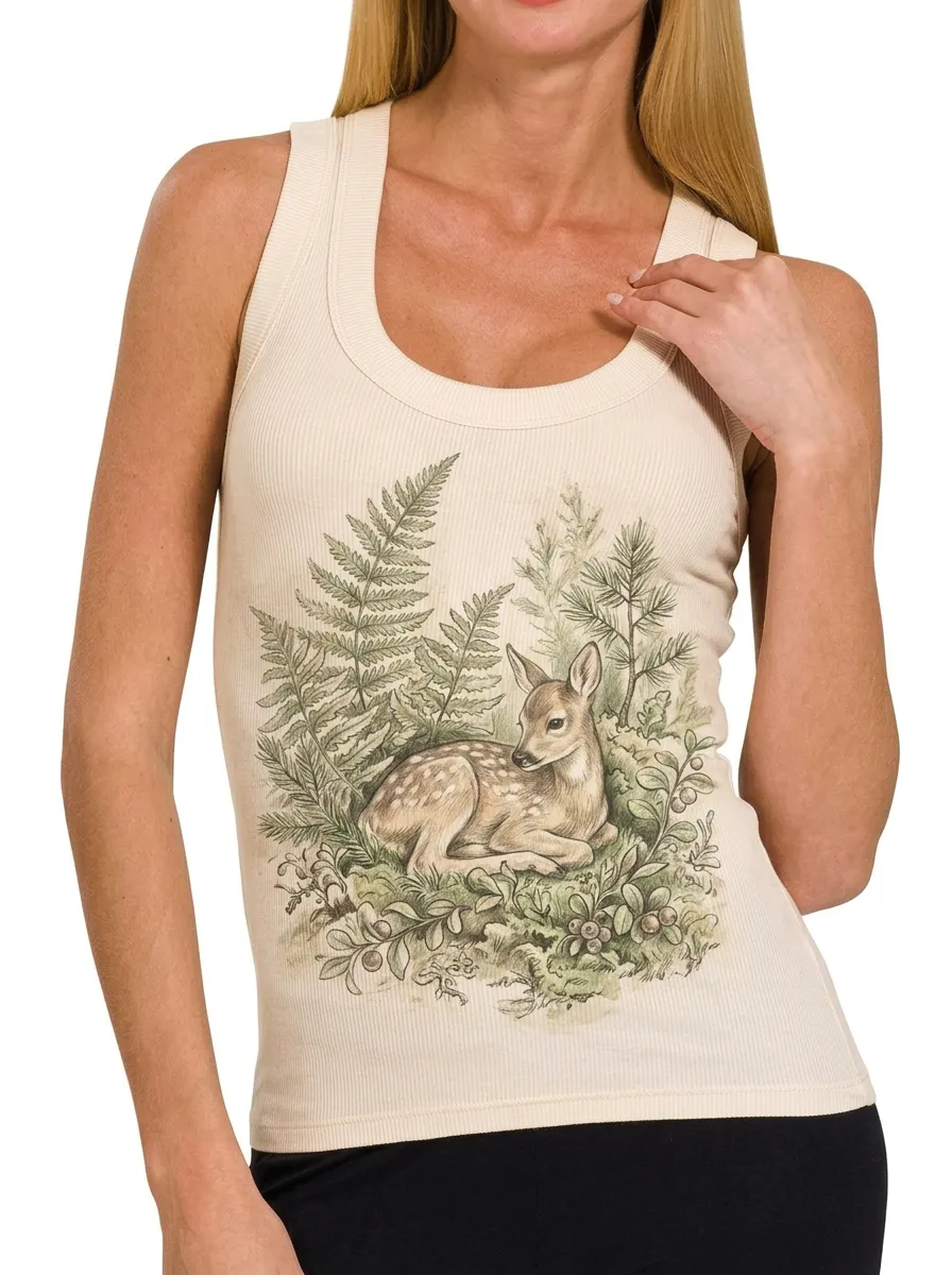 Women's Nature Lover Fawn Fern Forest Printed Tank Top