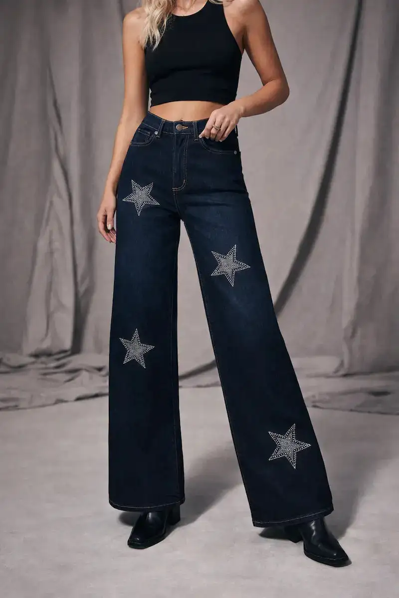 Rhinestone Detail Wide Leg Whiskered Denim Jeans