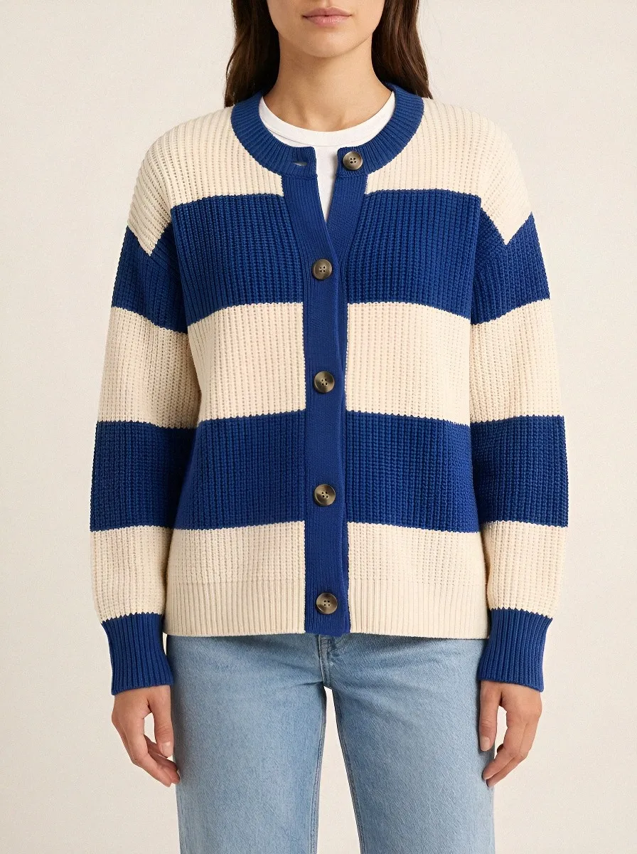 Easy Layer Distinctive Rugby Striped Knit Cardigan
