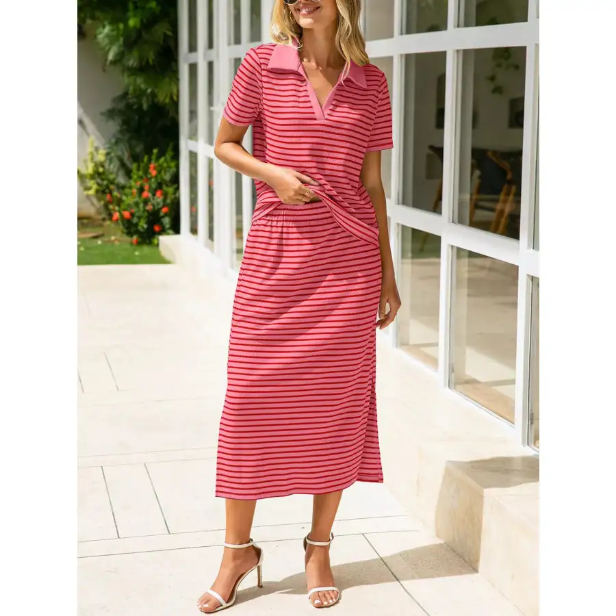 Modern Striped Polo Collar Top And Slit Skirt Two-Piece