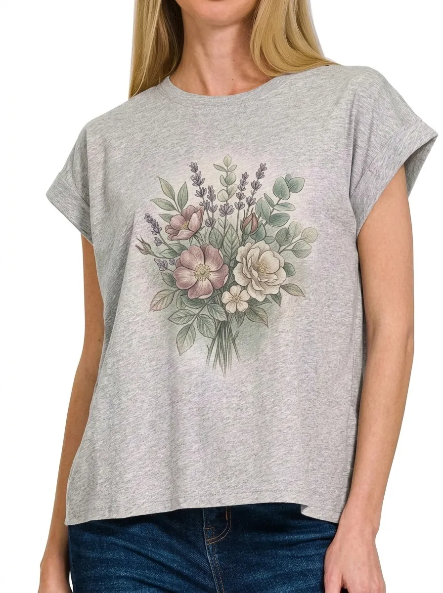 Women's Botanical Floral Bouquet Printed T-shirt