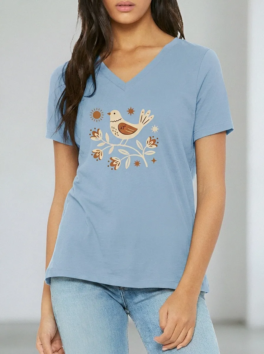 Women's Boho Nature Lover Bird Floral Sun Printed V-Neck T-Shirt