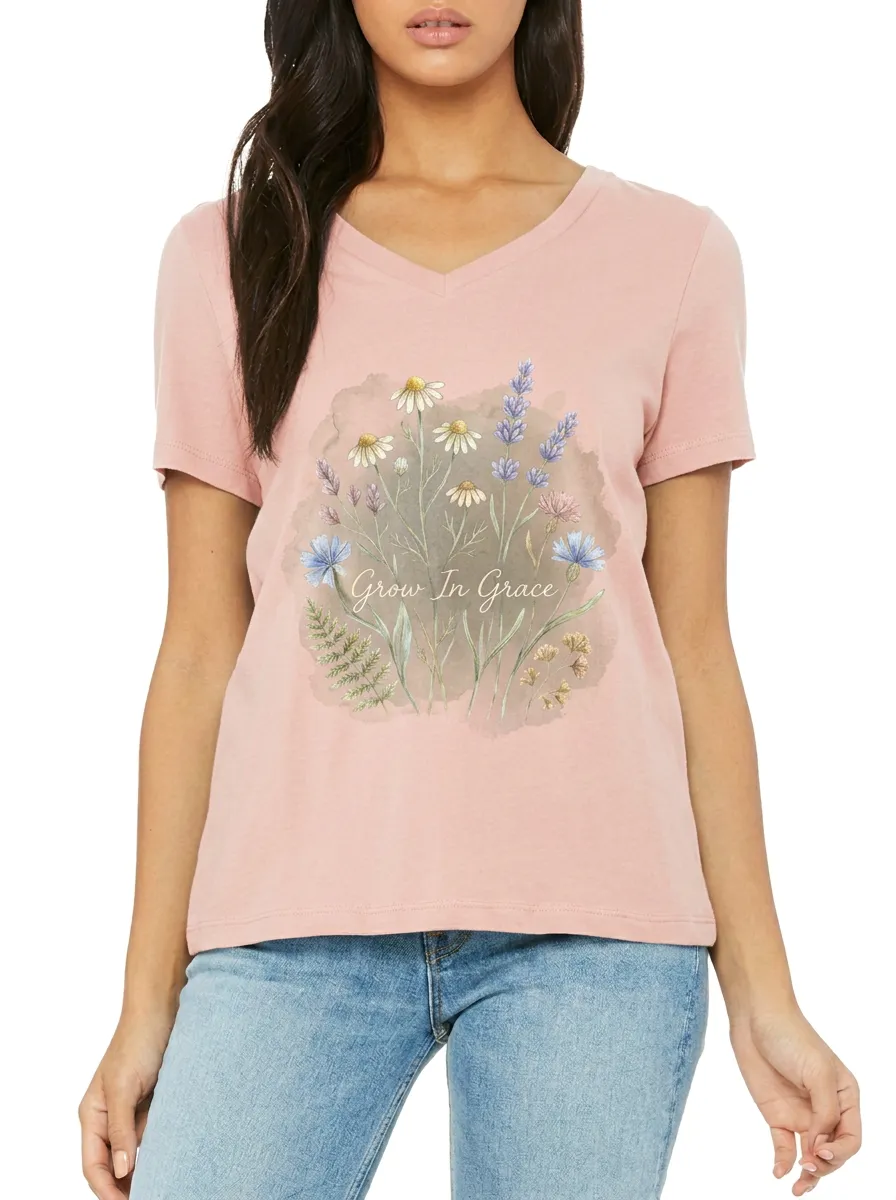 Women's Grow In Grace Wildflower Bouquet Printed V-neck T-shirt