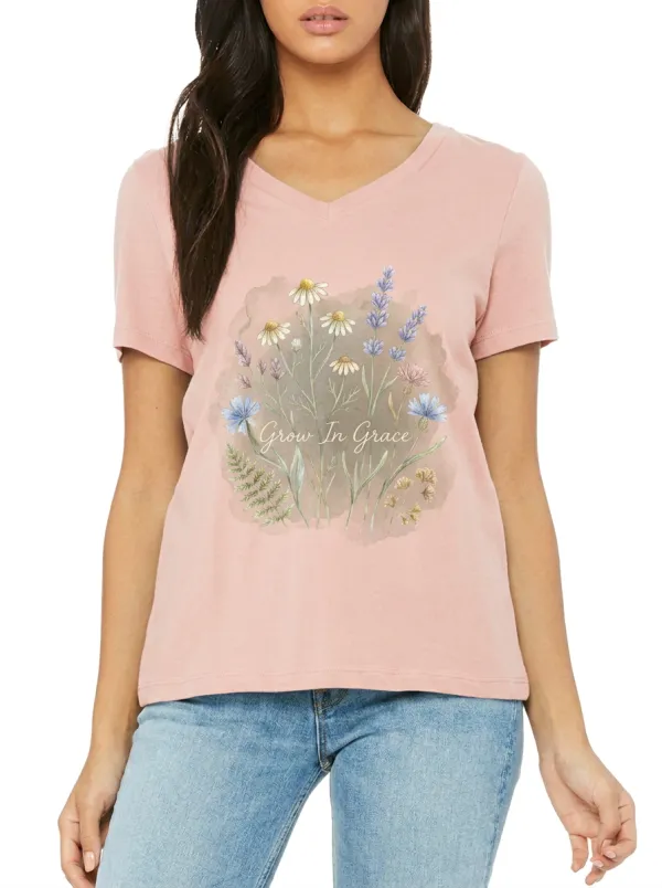 Women's Grow In Grace Wildflower Bouquet Printed V-neck T-shirt
