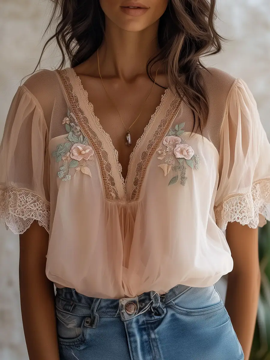 Boho Floral Embroidered Chiffon Blouse