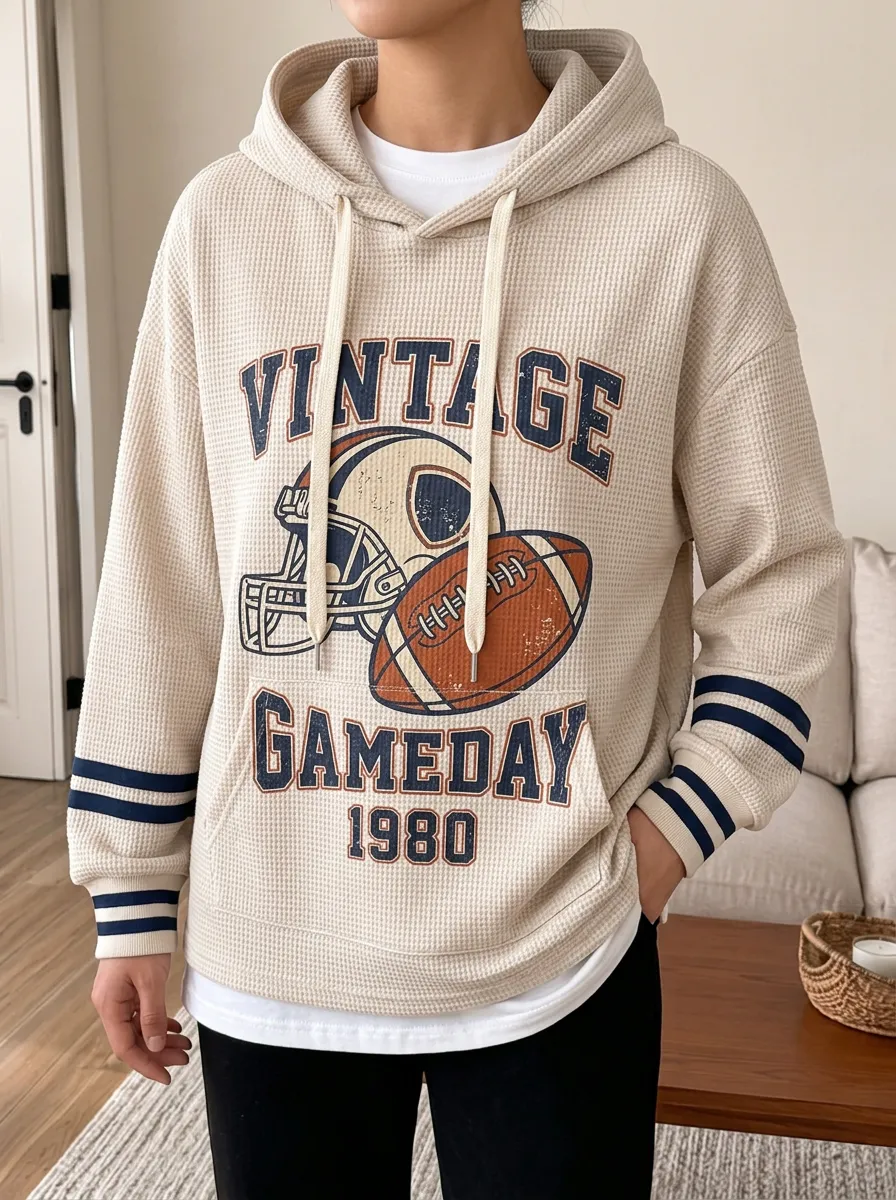 Unisex Vintage Football Gameday Helmet Printed Waffle Hoodie