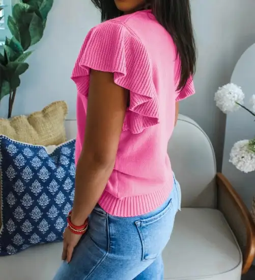 Ribbed Trim Round Neck Ruffle Short Sleeve Sweater