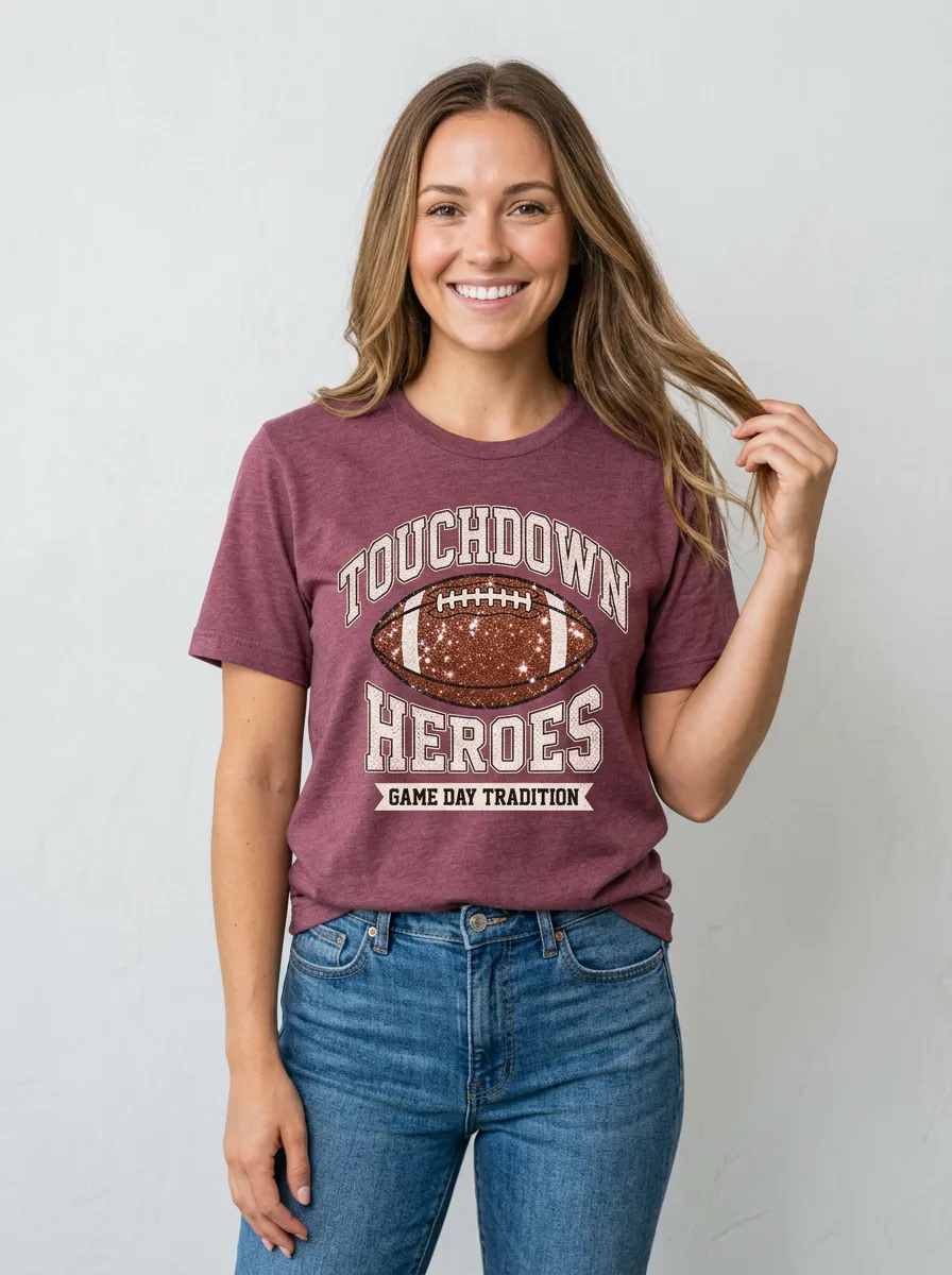 Women's Football Fan Touchdown Heroes Glitter Ball Printed T-shirt