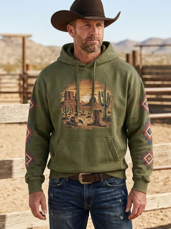 Men's Ranch Inspired Western Cowboy Cactus Desert Graphic Hoodie