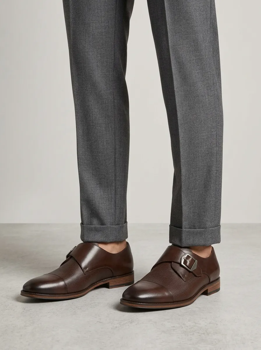 Men's Textured Leather Monk Strap Print Shoes