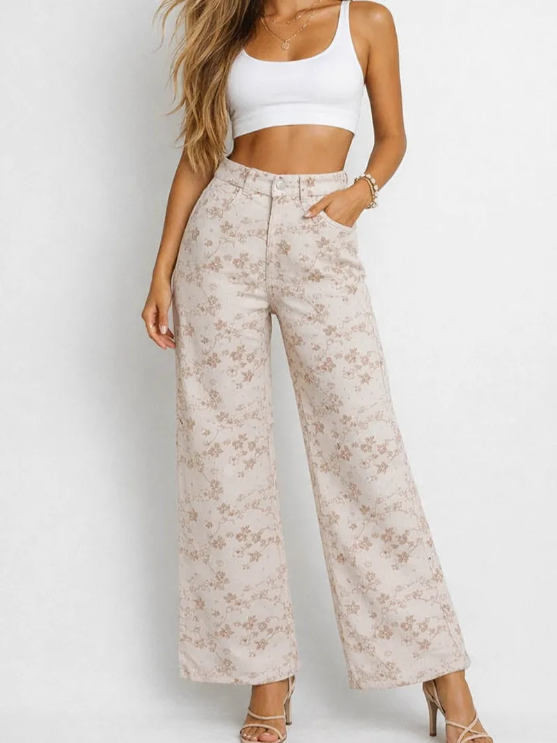 Rhinestone Jacquard Jeans Button Waist Wide Leg Denim Pants