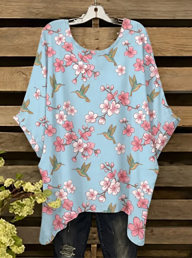 Woodland-Inspired Hummingbird Women's Loose Printed T-Shirt