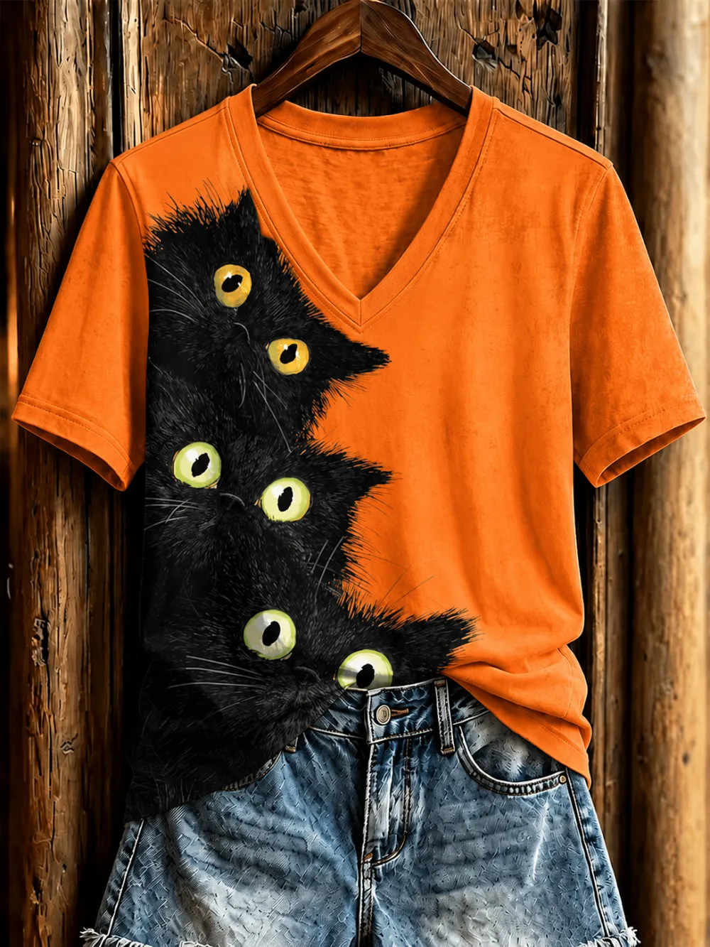 Women's Halloween Cat Art Printed Casual T-Shirt