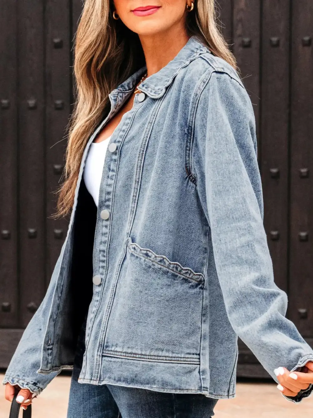Scallop Trim Collar Patched Pocket Button Up Jacket