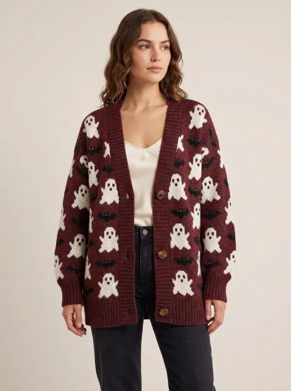 Women's Halloween Ghost Bat Pattern Knitted Cardigan
