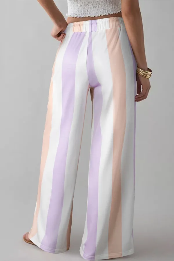 Striped High Waist Wide Leg Pocketed Casual Pants