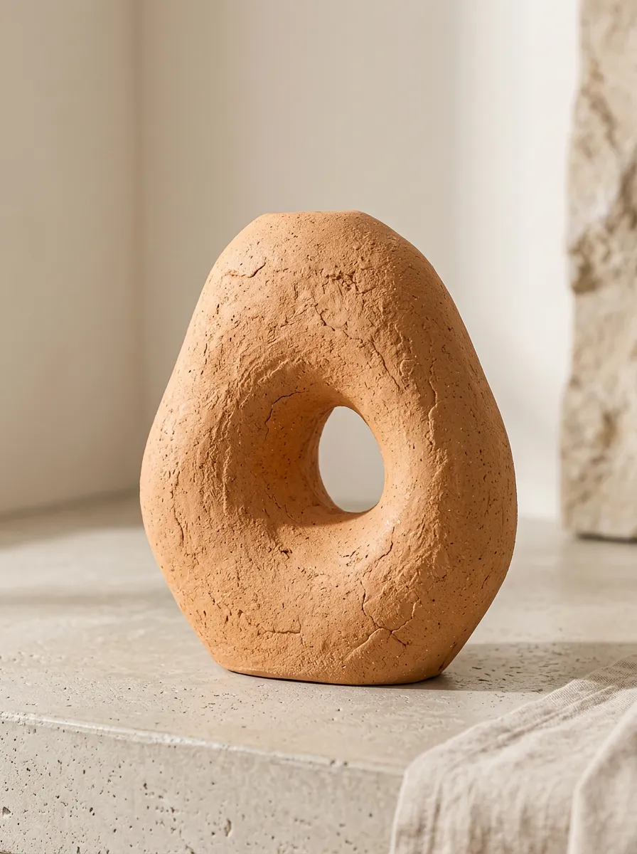 Modern Home Decor Minimalist Terracotta Textured Donut Vase