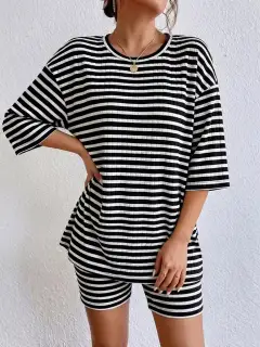 Casual Refined Striped Top and Shorts Matching Set